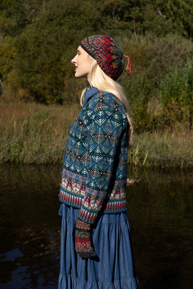 The Oregon Spring Cardigan and Red Jacobite Rose Hat Set patterncard kit designs by Alice Starmore in Hebridean 2 Ply