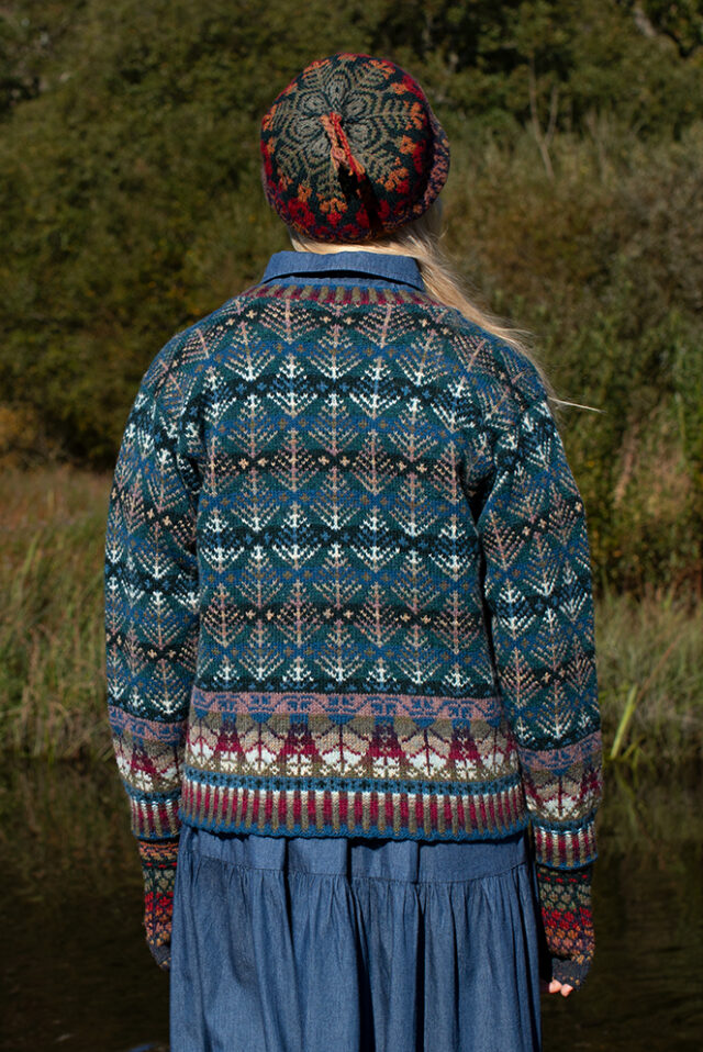 The Oregon Spring Cardigan and Red Jacobite Rose Hat Set patterncard kit designs by Alice Starmore in Hebridean 2 Ply