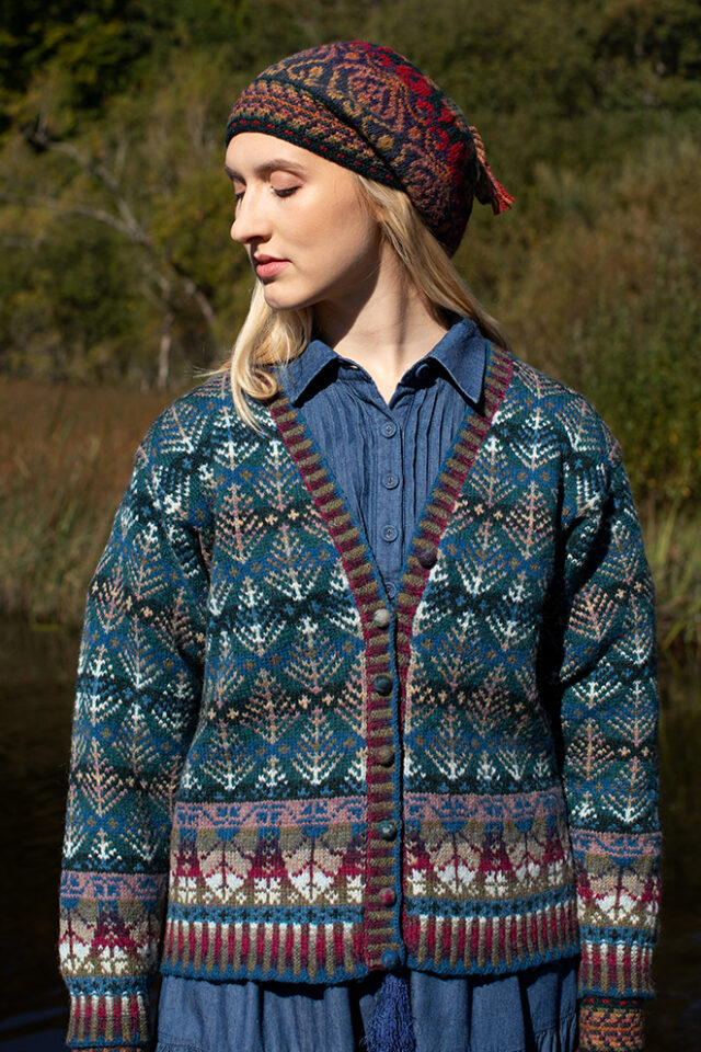 The Oregon Spring Cardigan and Red Jacobite Rose Hat Set patterncard kit designs by Alice Starmore in Hebridean 2 Ply