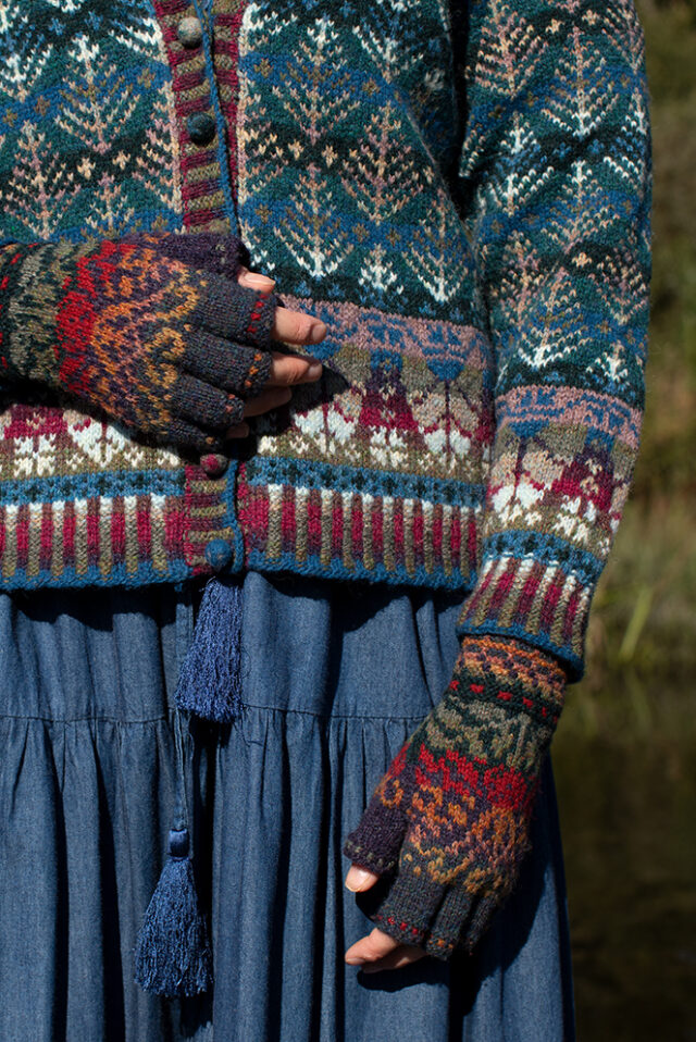 The Oregon Spring Cardigan and Red Jacobite Rose Hat Set patterncard kit designs by Alice Starmore in Hebridean 2 Ply