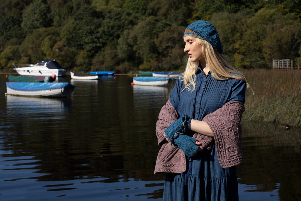 The Ruabhal Hat Set patterncard kit design by Alice Starmore in Hebridean 2 Ply and the Mo Chridhe blanket from the Infinite Cable Class in Hebridean 3 Ply