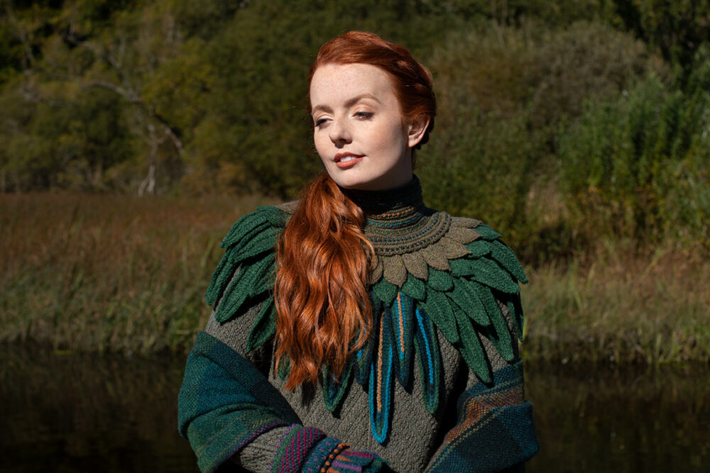 Lapwing Collar patterncard knitwear design by Alice Starmore in pure wool Hebridean 2 Ply hand knitting yarn