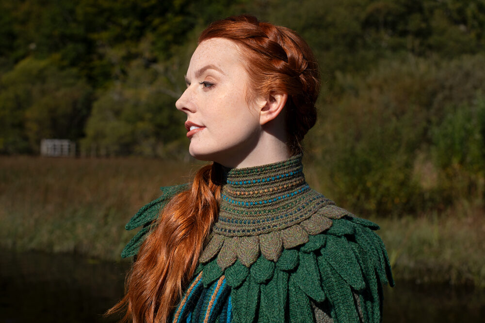 Lapwing Collar patterncard knitwear design by Alice Starmore in pure wool Hebridean 2 Ply hand knitting yarn