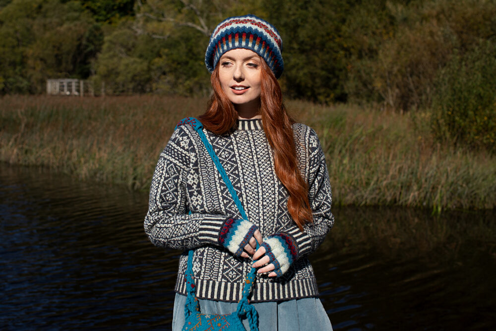 The Faroe pullover and Wave Hat Set patterncard kit designs and the Sporran bag design from Creative Course 3, all by Alice Starmore in Hebridean 2 Ply