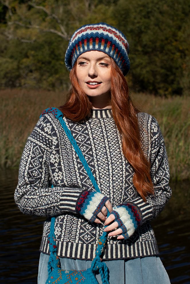 The Faroe pullover, and Wave Hat Set patterncard kit designs, and the Sporran bag from Creative Course 3 by Alice Starmore in Hebridean 2 Ply