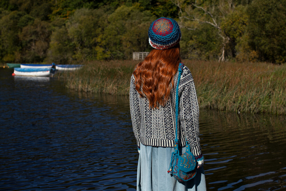 The Faroe pullover, and Wave Hat Set patterncard kit designs, and the Sporran bag from Creative Course 3 by Alice Starmore in Hebridean 2 Ply