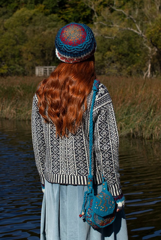 The Faroe pullover, and Wave Hat Set patterncard kit designs, and the Sporran bag from Creative Course 3 by Alice Starmore in Hebridean 2 Ply