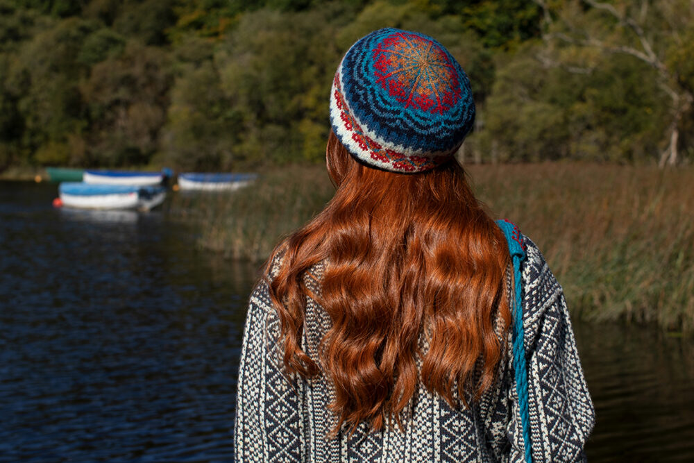 The Faroe pullover and Wave Hat Set patterncard kit designs and the Sporran bag design from Creative Course 3, all by Alice Starmore in Hebridean 2 Ply