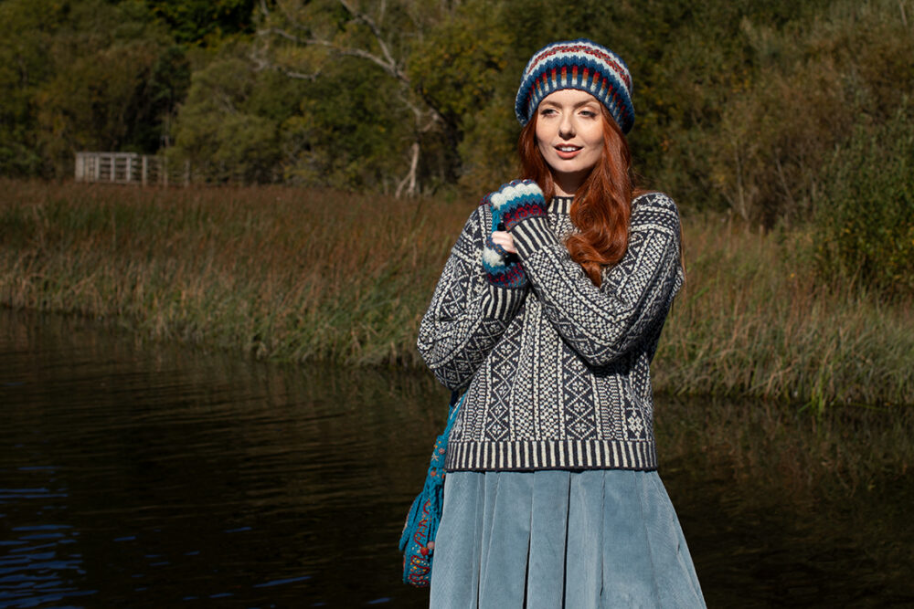 The Faroe pullover and Wave Hat Set patterncard kit designs and the Sporran bag design from Creative Course 3, all by Alice Starmore in Hebridean 2 Ply