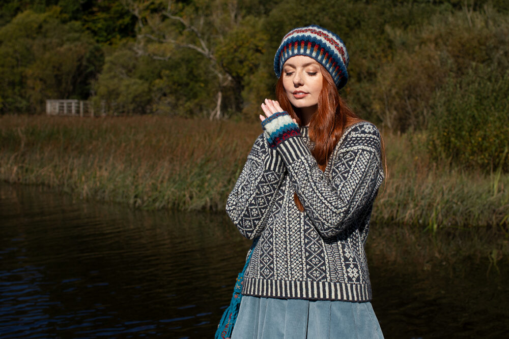 The Faroe pullover and Wave Hat Set patterncard kit designs and the Sporran bag design from Creative Course 3, all by Alice Starmore in Hebridean 2 Ply