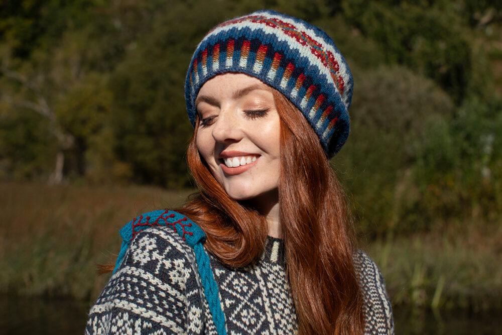 The Faroe pullover and Wave Hat Set patterncard kit designs and the Sporran bag design from Creative Course 3, all by Alice Starmore in Hebridean 2 Ply