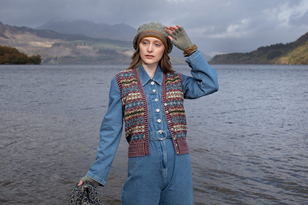 The Ruabhal Hat Set and Peigi Waistcoat by Alice Starmore, hand knitwear design patterncard kits in Hebridean 2 Ply and the Persian Tiles wrap by Jade Starmore