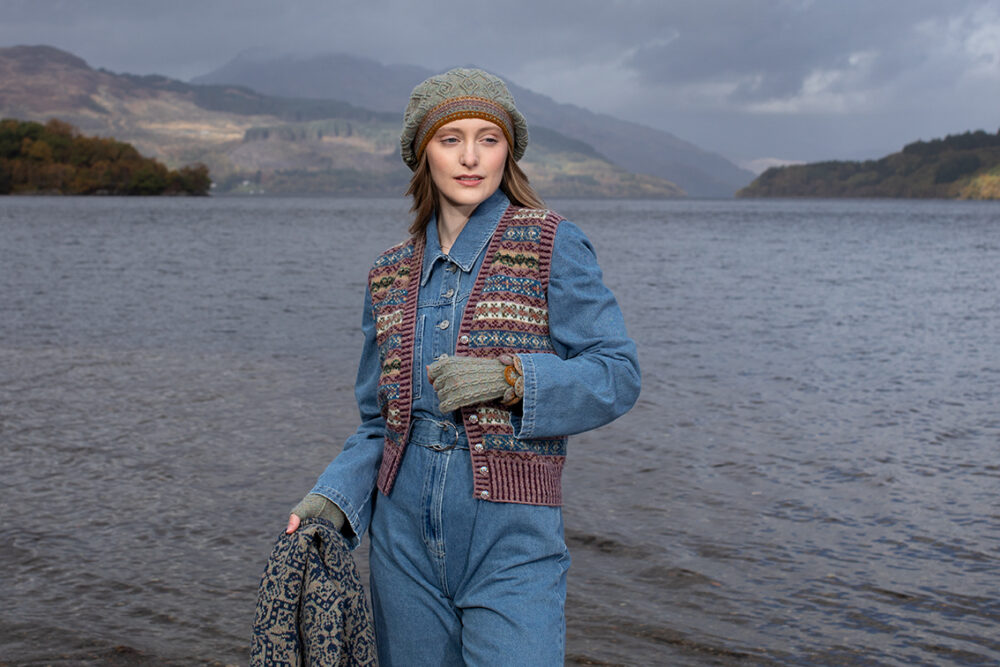 The Ruabhal Hat Set and Peigi Waistcoat by Alice Starmore, hand knitwear design patterncard kits in Hebridean 2 Ply and the Persian Tiles wrap by Jade Starmore