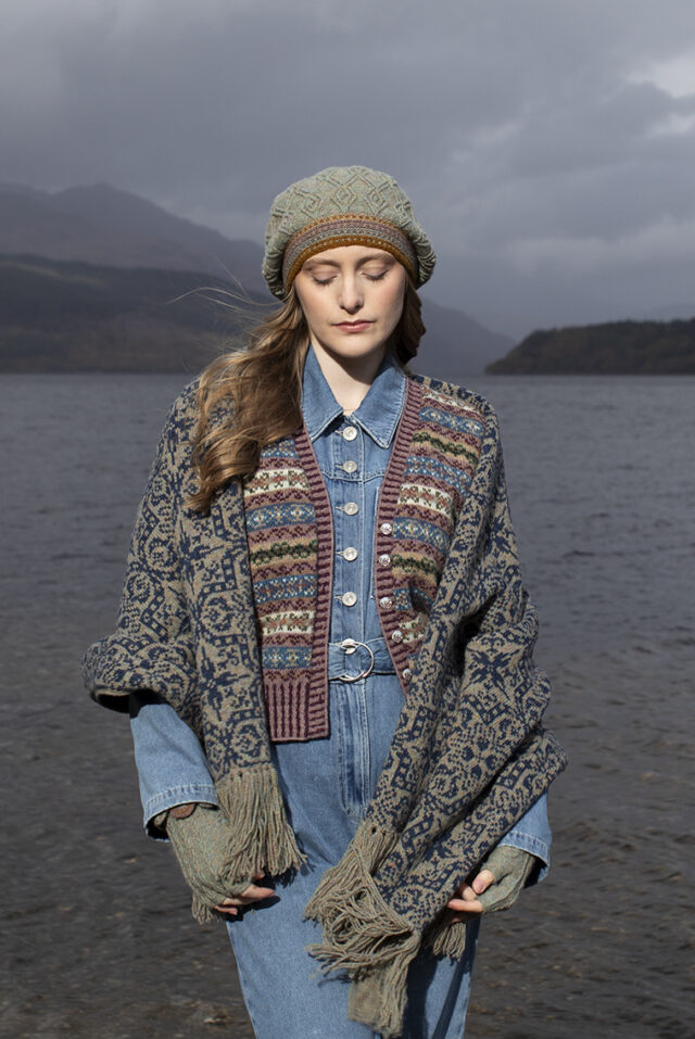 The Ruabhal Hat Set and Peigi Waistcoat by Alice Starmore, hand knitwear design patterncard kits in Hebridean 2 Ply and the Persian Tiles wrap by Jade Starmore