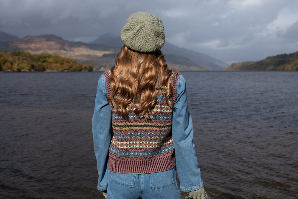 The Ruabhal Hat Set and Peigi Waistcoat by Alice Starmore, hand knitwear design patterncard kits in Hebridean 2 Ply and the Persian Tiles wrap by Jade Starmore
