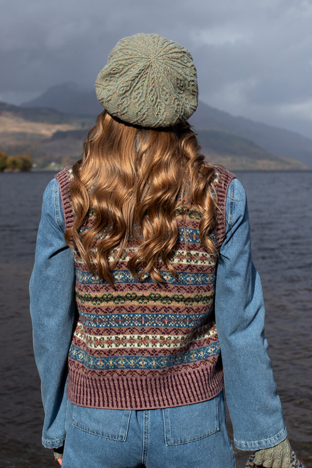 The Ruabhal Hat Set and Peigi Waistcoat by Alice Starmore, hand knitwear design patterncard kits in Hebridean 2 Ply and the Persian Tiles wrap by Jade Starmore