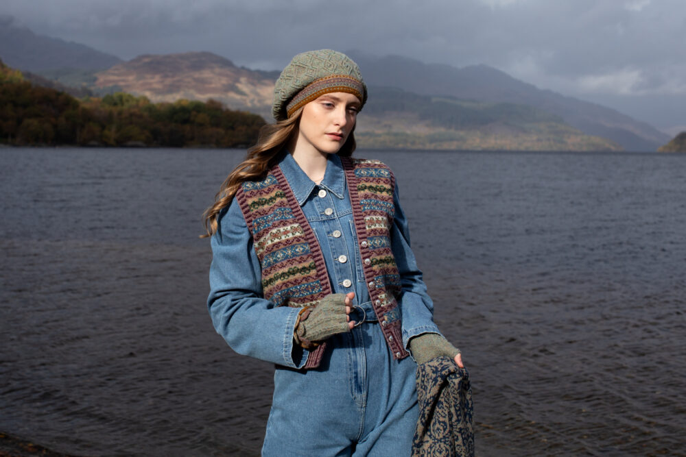 The Ruabhal Hat Set and Peigi Waistcoat by Alice Starmore, hand knitwear design patterncard kits in Hebridean 2 Ply and the Persian Tiles wrap by Jade Starmore