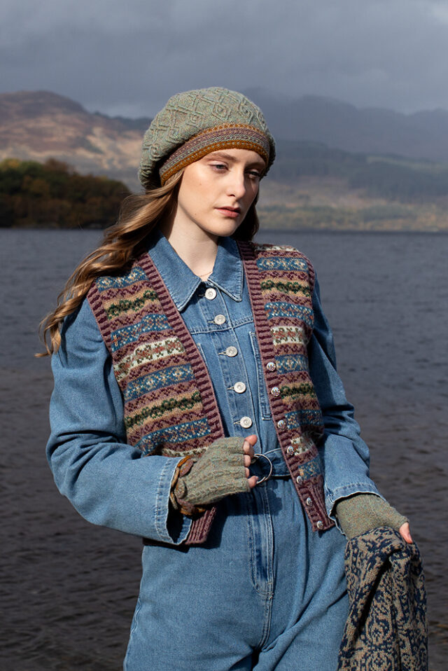 The Ruabhal Hat Set and Peigi Waistcoat by Alice Starmore, hand knitwear design patterncard kits in Hebridean 2 Ply and the Persian Tiles wrap by Jade Starmore