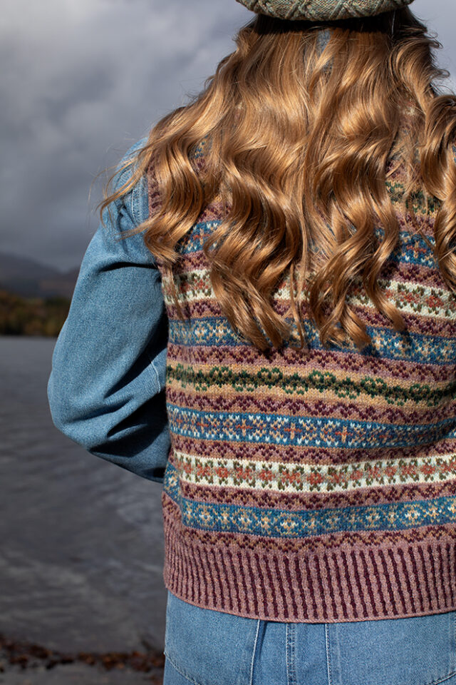 The Ruabhal Hat Set and Peigi Waistcoat by Alice Starmore, hand knitwear design patterncard kits in Hebridean 2 Ply and the Persian Tiles wrap by Jade Starmore