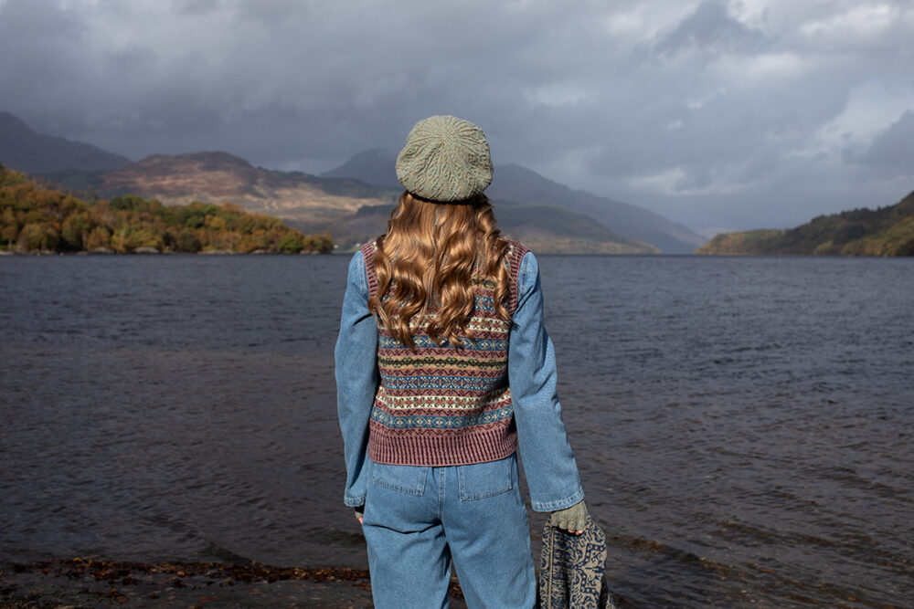 The Ruabhal Hat Set and Peigi Waistcoat by Alice Starmore, hand knitwear design patterncard kits in Hebridean 2 Ply and the Persian Tiles wrap by Jade Starmore