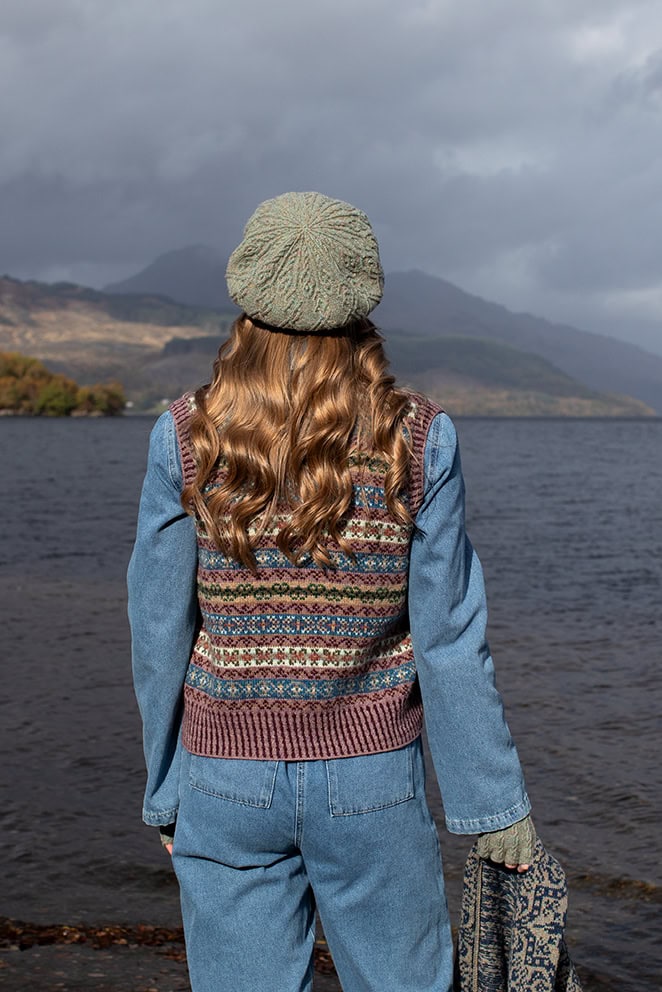 The Ruabhal Hat Set and Peigi Waistcoat by Alice Starmore, hand knitwear design patterncard kits in Hebridean 2 Ply and the Persian Tiles wrap by Jade Starmore