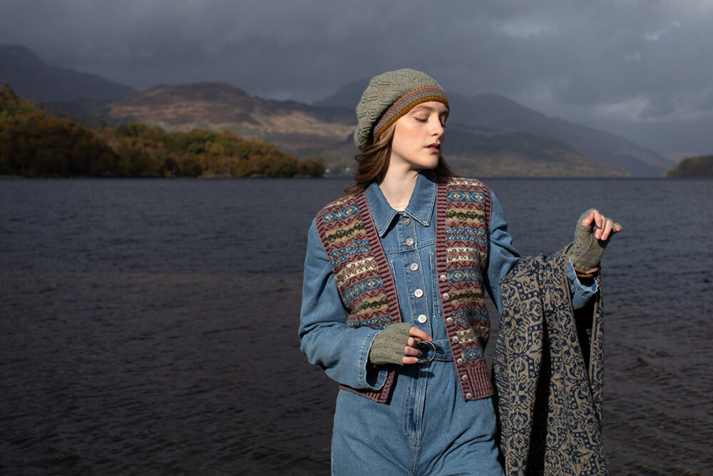 The Ruabhal Hat Set and Peigi Waistcoat by Alice Starmore, hand knitwear design patterncard kits in Hebridean 2 Ply and the Persian Tiles wrap by Jade Starmore