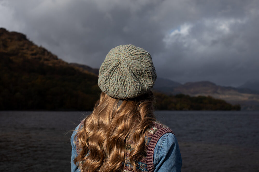The Ruabhal Hat Set and Peigi Waistcoat by Alice Starmore, hand knitwear design patterncard kits in Hebridean 2 Ply and the Persian Tiles wrap by Jade Starmore