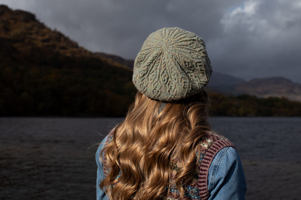 The Ruabhal Hat Set and Peigi Waistcoat by Alice Starmore, hand knitwear design patterncard kits in Hebridean 2 Ply and the Persian Tiles wrap by Jade Starmore