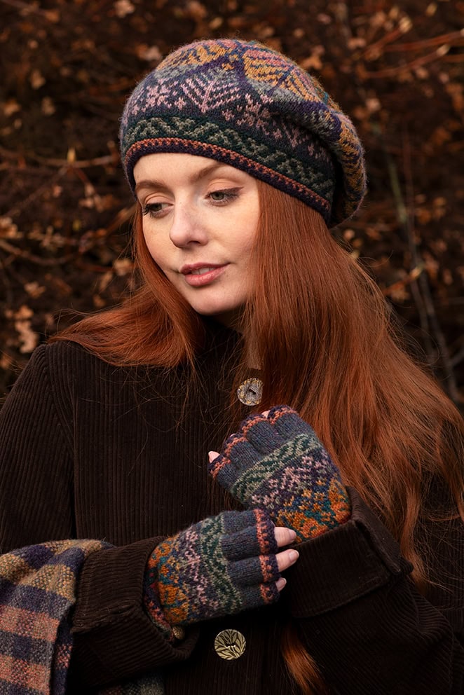 Greeta Hat Set and Oiseabhal Scarf patterncard kit designs by Alice Starmore in Hebridean 2 Ply yarn