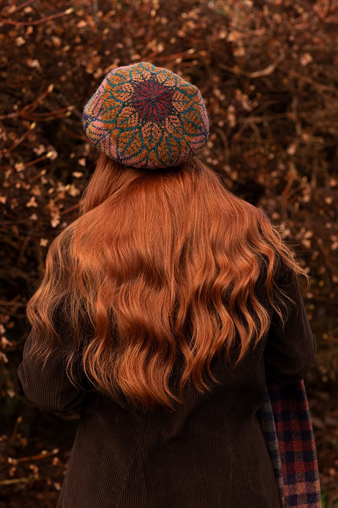 Greeta Hat Set and Oiseabhal Scarf patterncard kit designs by Alice Starmore in Hebridean 2 Ply yarn