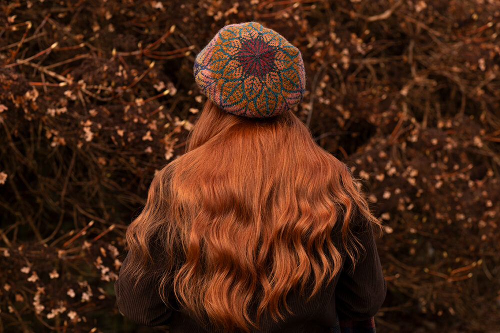 Greeta Hat Set and Oiseabhal Scarf patterncard kit designs by Alice Starmore in Hebridean 2 Ply yarn