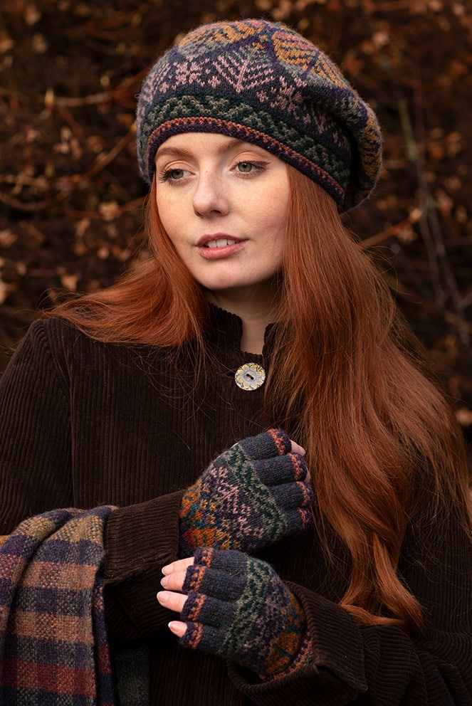 Greeta Hat Set and Oiseabhal Scarf patterncard kit designs by Alice Starmore in Hebridean 2 Ply yarn