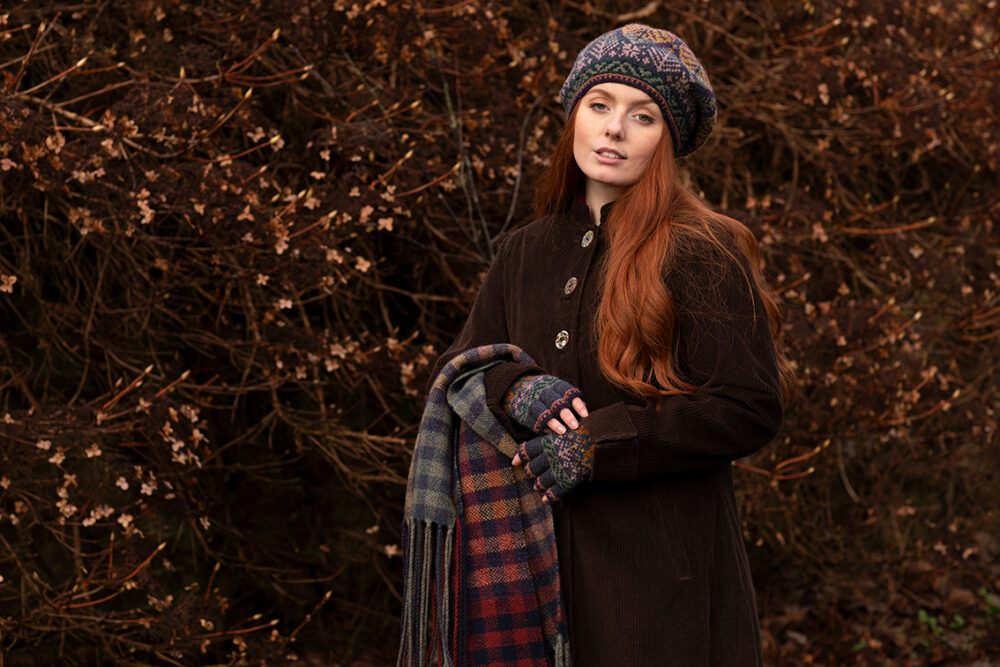 Greeta Hat Set and Oiseabhal Scarf patterncard kit designs by Alice Starmore in Hebridean 2 Ply yarn