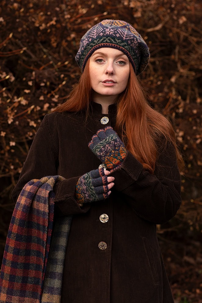 Greeta Hat Set and Oiseabhal Scarf patterncard kit designs by Alice Starmore in Hebridean 2 Ply yarn