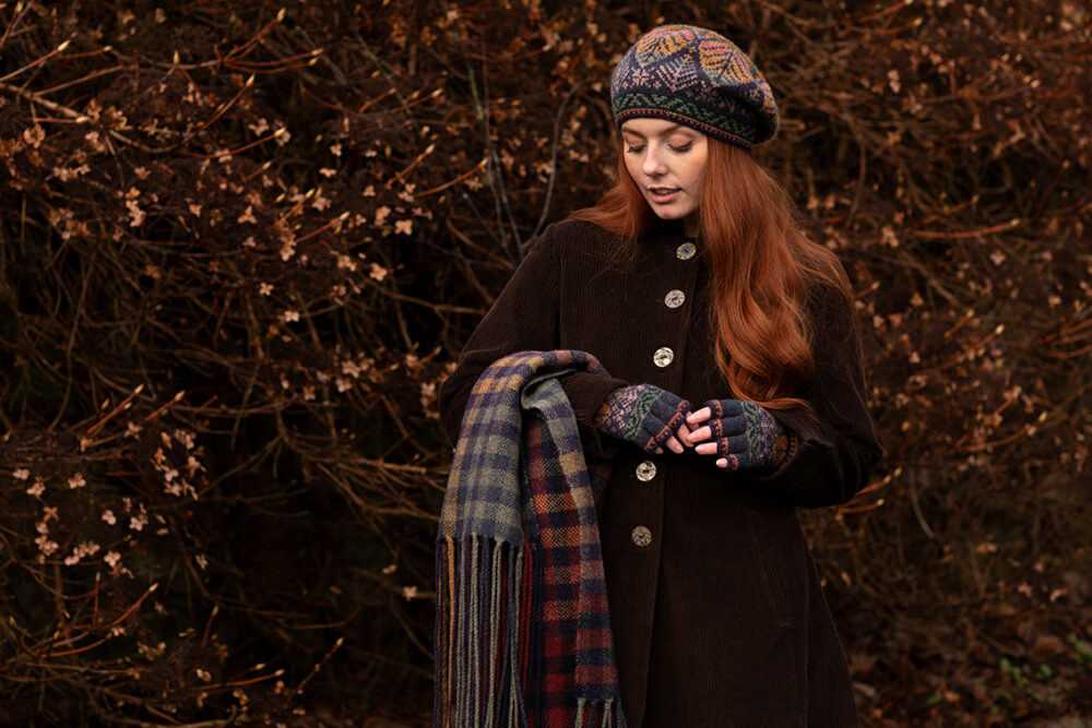 Greeta Hat Set and Oiseabhal Scarf patterncard kit designs by Alice Starmore in Hebridean 2 Ply yarn