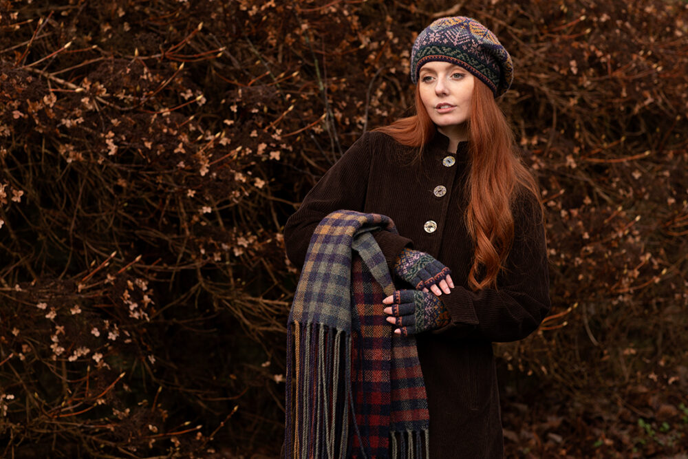 Greeta Hat Set and Oiseabhal Scarf patterncard kit designs by Alice Starmore in Hebridean 2 Ply yarn