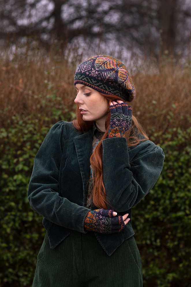 Greeta Hat Set patterncard kit design by Alice Starmore in Hebridean 2 Ply yarn