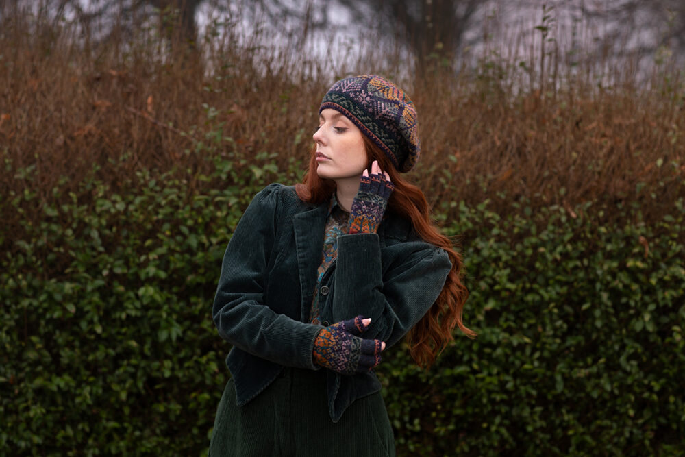 Greeta Hat Set patterncard kit design by Alice Starmore in Hebridean 2 Ply yarn