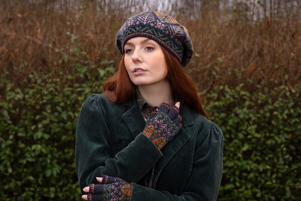 Greeta Hat Set patterncard kit design by Alice Starmore in Hebridean 2 Ply yarn
