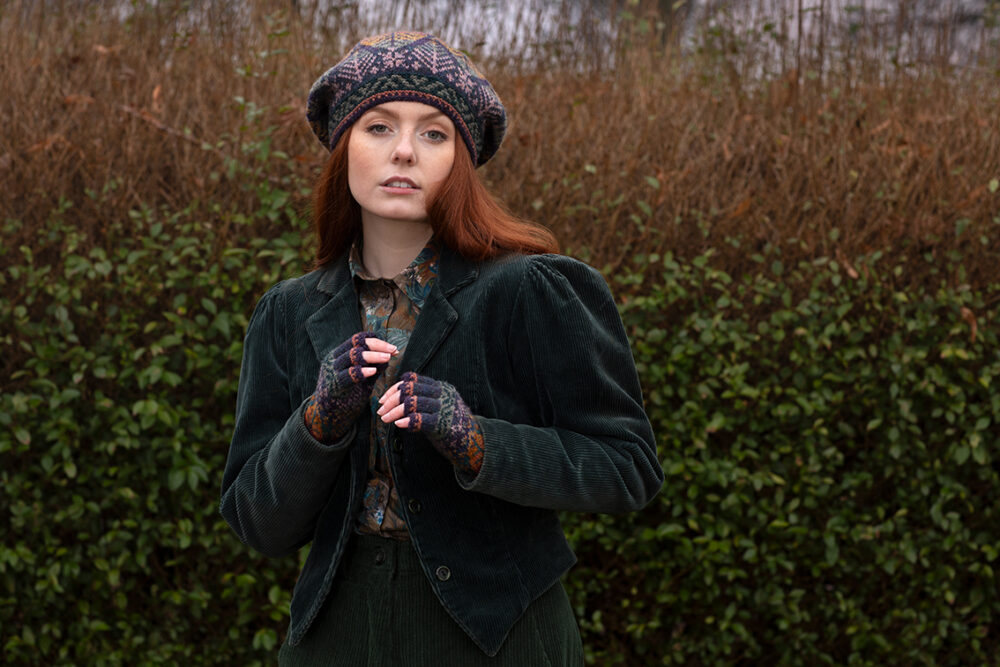 Greeta Hat Set patterncard kit design by Alice Starmore in Hebridean 2 Ply yarn