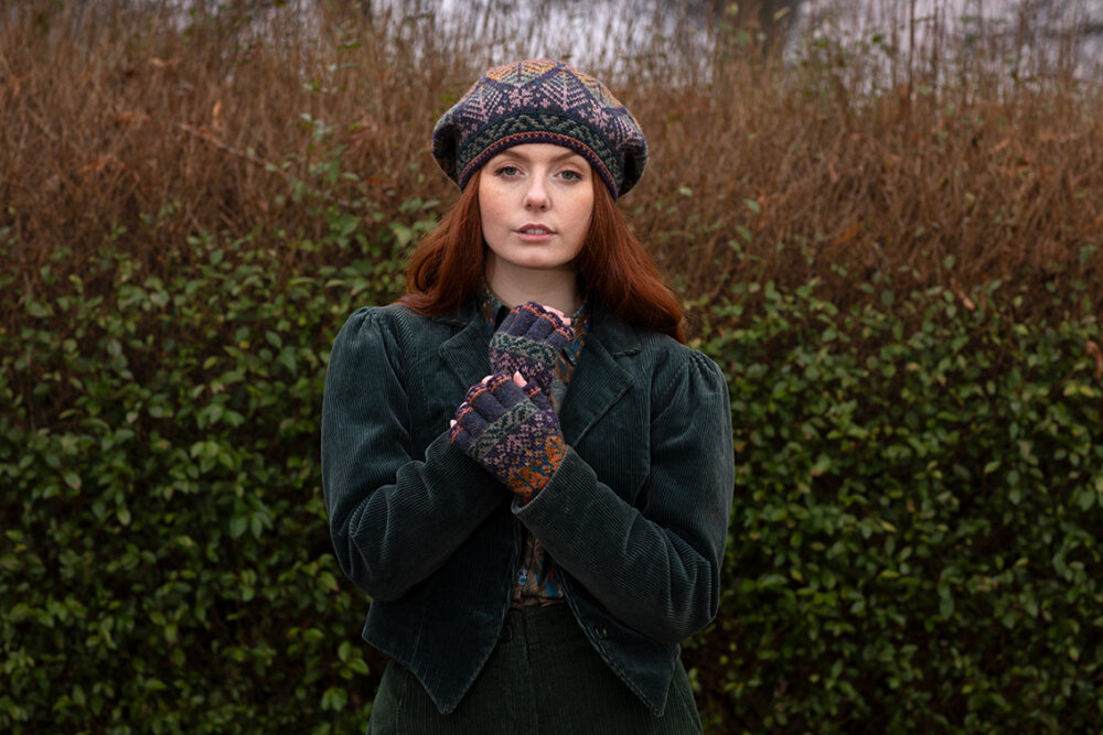 Greeta Hat Set patterncard kit design by Alice Starmore in Hebridean 2 Ply yarn