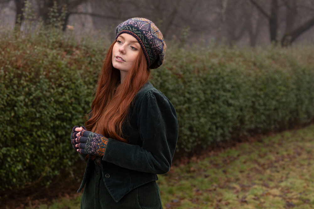 Greeta Hat Set patterncard kit design by Alice Starmore in Hebridean 2 Ply yarn