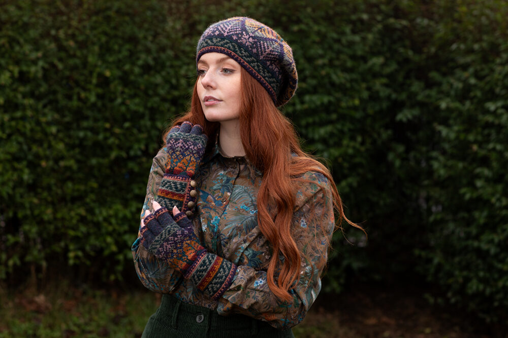 Greeta Hat Set patterncard kit design by Alice Starmore in Hebridean 2 Ply yarn