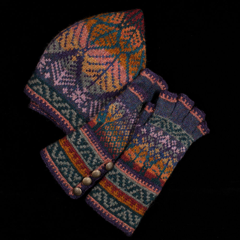 Greeta Hat Set patterncard kit design by Alice Starmore in Hebridean 2 Ply yarn
