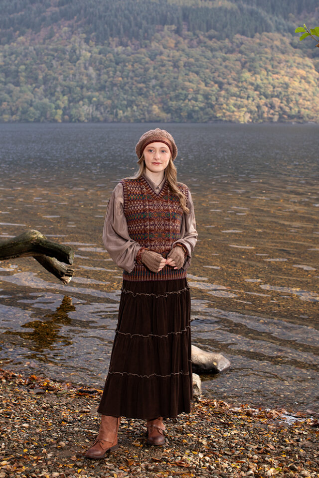 The Ruabhal Hat Set and Thoroughbred Vest patterncard kit designs by Alice Starmore in Hebridean 2 Ply