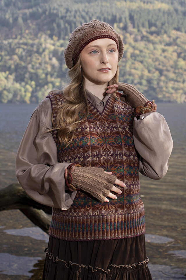 The Ruabhal Hat Set and Thoroughbred Vest patterncard kit designs by Alice Starmore in Hebridean 2 Ply