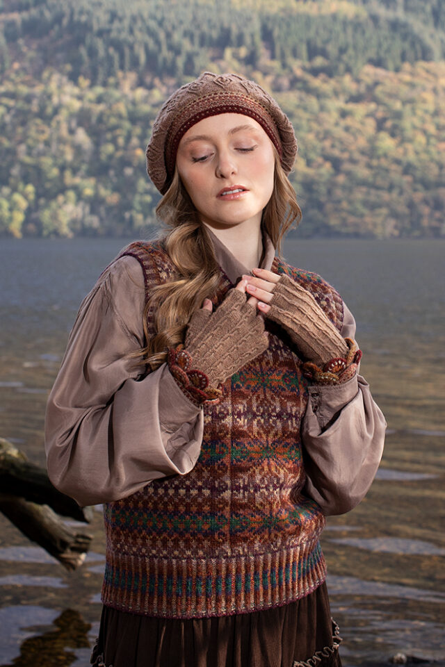 The Ruabhal Hat Set and Thoroughbred Vest patterncard kit designs by Alice Starmore in Hebridean 2 Ply