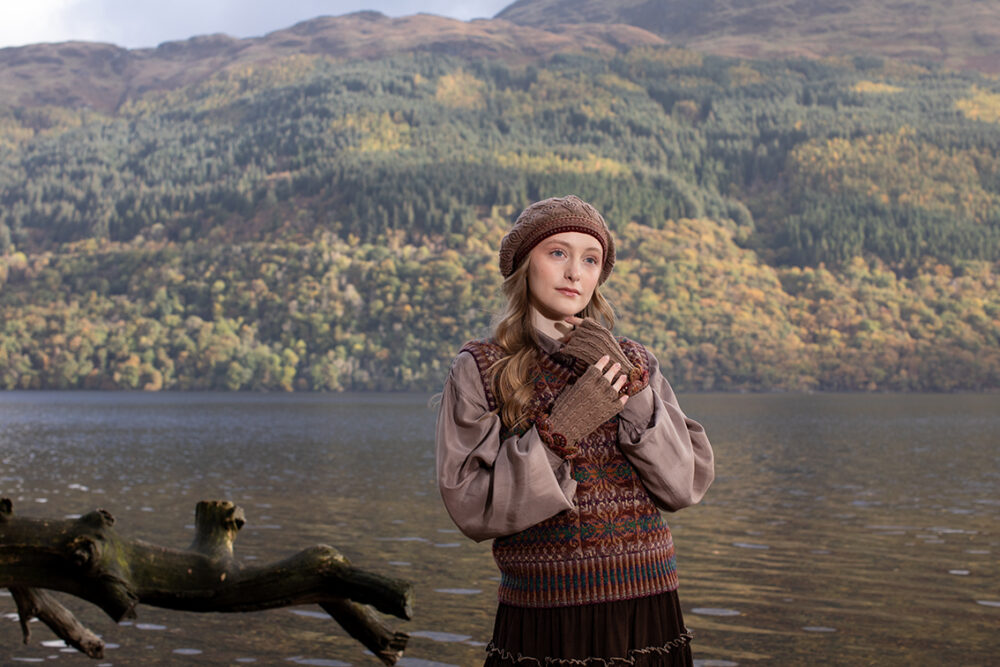 The Ruabhal Hat Set and Thoroughbred Vest patterncard kit designs by Alice Starmore in Hebridean 2 Ply