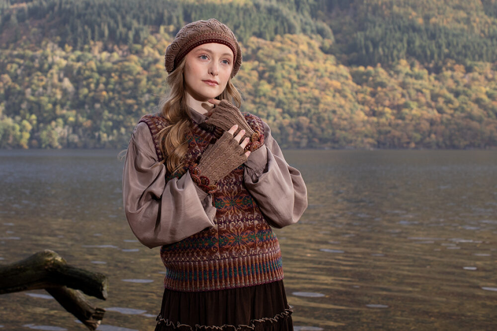 The Ruabhal Hat Set and Thoroughbred Vest patterncard kit designs by Alice Starmore in Hebridean 2 Ply