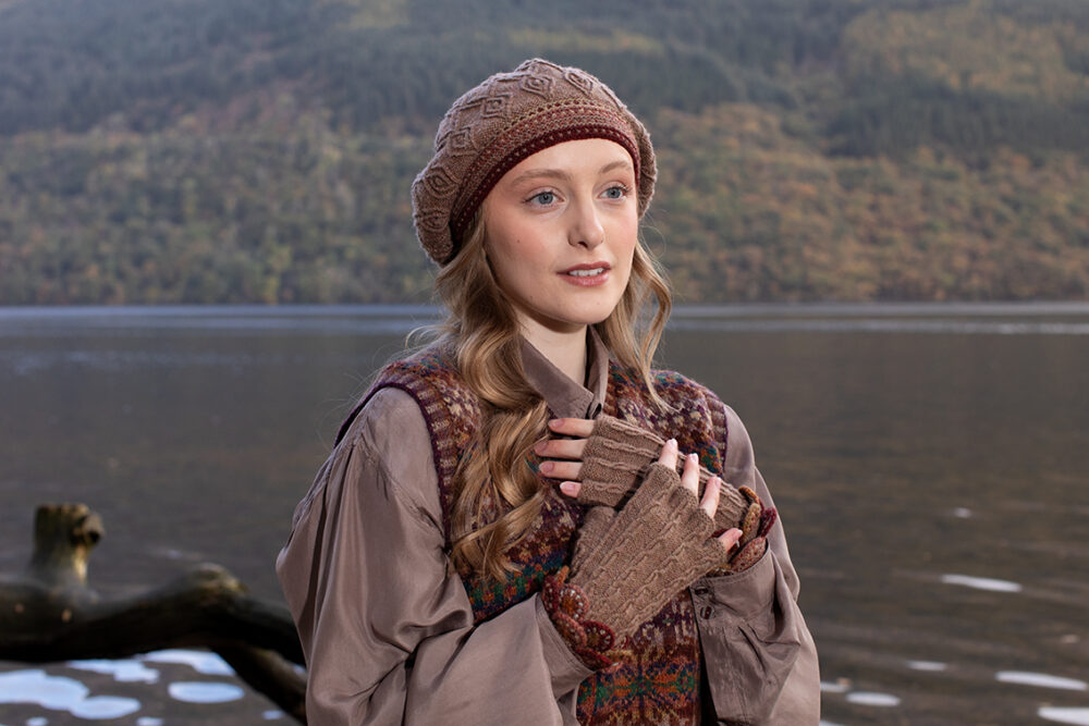The Ruabhal Hat Set and Thoroughbred Vest patterncard kit designs by Alice Starmore in Hebridean 2 Ply